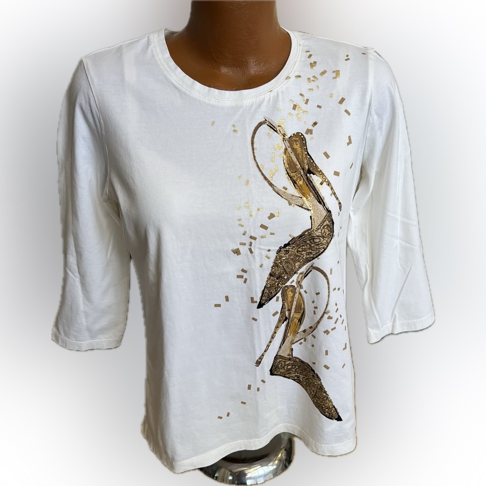 Chico’s weekends lovely NWOT graphic 3/4 sleeve white cotton tee top 2 / L